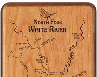 WHITE RIVER North Fork River Map Fly Box - Handcrafted, Custom Designed, Laser Engraved. Includes Name, Inscription, Artwork. Fly Fishing MO