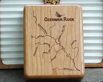 OZERNAYA RIVER Map Fly Box - Handcrafted, Custom Designed, Laser Engraved. Includes Name, Inscription, Artwork. Fly Fishing Russia.