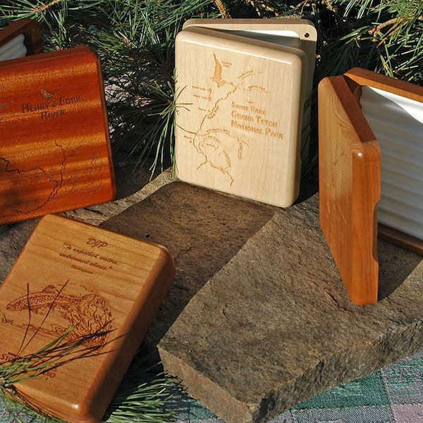 Fly Box "CUSTOM RIVER DESIGN" Includes Map Design Fee for a New Map, Name, Inscription, Art. Personalized, Laser Engraved Fly Fishing Gift