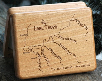 LAKE TAUPO River Map Fly Box - Handcrafted, Custom Designed, Laser Engraved. Includes Name, Inscription, Artwork. Fly Fishing New Zealand.