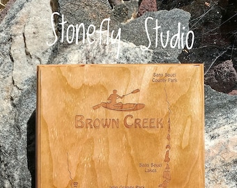 Kayak Plaques –Personalized- 6x12, 8x10, 9x12: Handcrafted, Custom Designed & Engraved. Choice of 100's of Pre-designed Lake or River Maps.