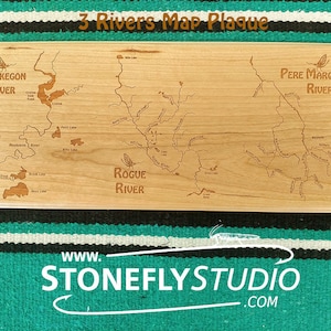 3 RIVERS MAP Plaque – 6 X 14 1/4 – Handcrafted, Custom Laser Engraved with 3 Pre-designed Original River Maps. 100&#39;s of Maps to Choose From.