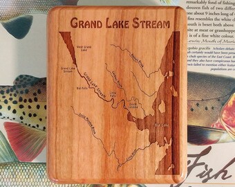 GRAND LAKE STREAM River Map Fly Box - Handcrafted, Custom Designed, Laser Engraved. Includes Name, Inscription, Artwork. Big Lake Maine.