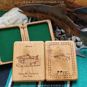 Wildlife CRIBBAGE BOX. Personalized with Cribbage Board Art Front. Name & Inscription Back. Custom Engraved. Travel Size. Cherry Wood image 2