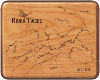 RIVER TWEED Fly Box Map. Personalized, Custom Designed Laser Engraved Handcrafted Gift. Includes Name, Inscription, Art. Fishing Scotland