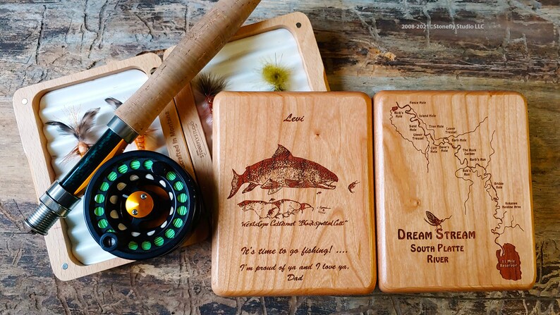 PERSONALIZED FLY BOX Fishing Gift. Choose Your River, Art, Name, Inscription. Over 500 River Map Choices. Handcrafted, Custom Laser Engraved image 6