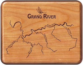 GRAND RIVER MAP Fly Box - Handcrafted, Custom Designed, Laser Engraved.  Includes Name, Inscription, Choice of Artwork. Fly Fishing Ohio.