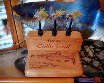 Custom FLY DISLPLAY 3 Clip Holder Stand. Personalized Gift, Handcrafted, Laser Engraved With Name, Inscription, Art. Cherry Wood.