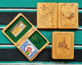 PERSONALIZED CRIBBAGE BOX. 500+ Pre-Designed River Map Choices. Custom Engraved Gift with Art, Name, Inscription. Travel Size. Cherry Wood.