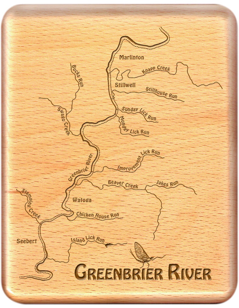 GREENBRIER RIVER Map Fly Fishing Box Handcrafted, Custom Designed, Laser Engraved. Includes Name, Inscription, Artwork. Greenbrier Trail WV image 1