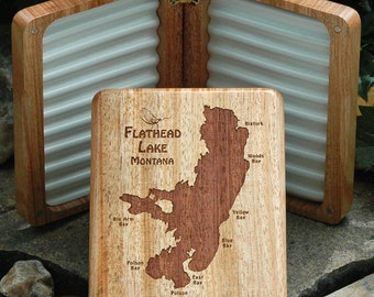 Fly Fishing - FLATHEAD LAKE River Map Fly Box - Montana - Handcrafted, Custom Designed, Laser Engraved. Includes Name,Inscription,Artwork.