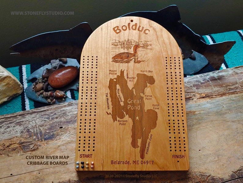 CRIBBAGE BOARD Personalized: Choose Your River Map, Art, Name & Inscription. Custom Laser Engraved Gift, Cherry Wood. 500 Map Choices. USA image 4