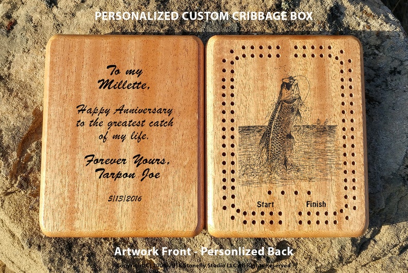 Wildlife CRIBBAGE BOX. Personalized with Cribbage Board Art Front. Name & Inscription Back. Custom Engraved. Travel Size. Cherry Wood image 3