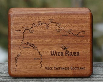 WICK RIVER MAP Fly Box - Handcrafted Custom Fly Box, Laser Engraved. Personalized with Name, Inscription, Artwork. Fly Fishing Scotland.