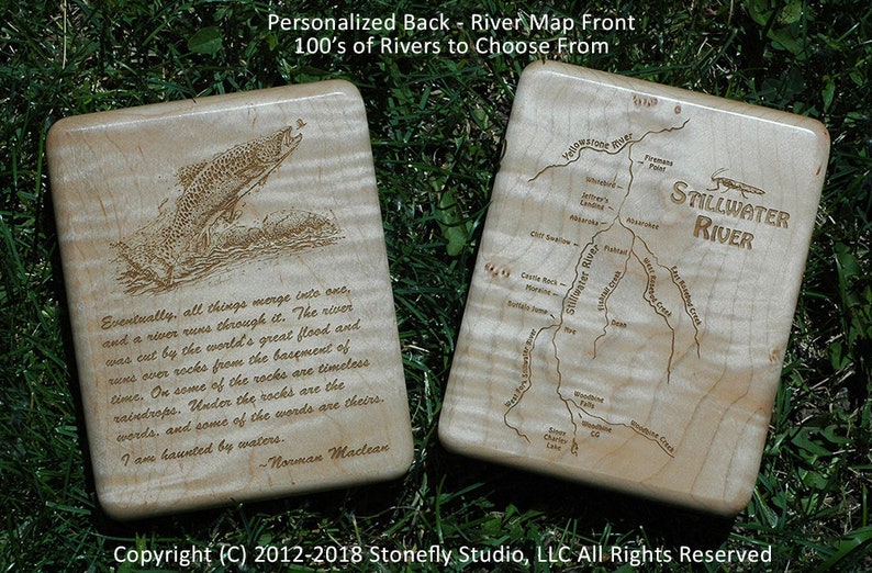 Kinnickinnic River Map Fly Box Handcrafted, Custom Designed, Laser Engraved. Includes Name, Inscription, Artwork. Fly Fishing Wisconsin. Curly Maple Wood