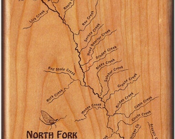 Fly Fishing - North Fork SUN RIVER MAP Fly Box - Montana - Handcrafted, Custom Designed, Laser Engraved. Includes Name,Inscription,Artwork.