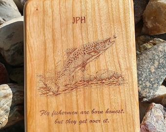 FLY FISHING Box with Fish Artwork Choice. Personalized Handcrafted Gift. Custom Laser Engraved with Name, Inscription, Quote. Made in USA