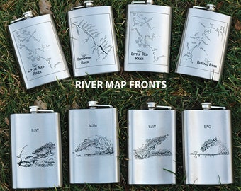 RIVER MAP FLASKS - Personalized Gift with A Pre-Designed River Map, Name, Inscription, & Art. Stainless 8oz Custom Laser Engraved Hip Flask.