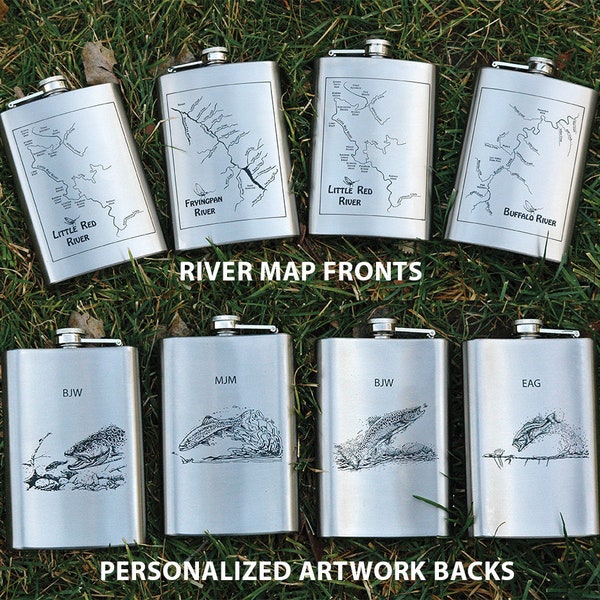 RIVER MAP FLASKS - Personalized Gift with A Pre-Designed River Map, Name, Inscription, & Art. Stainless 8oz Custom Laser Engraved Hip Flask.