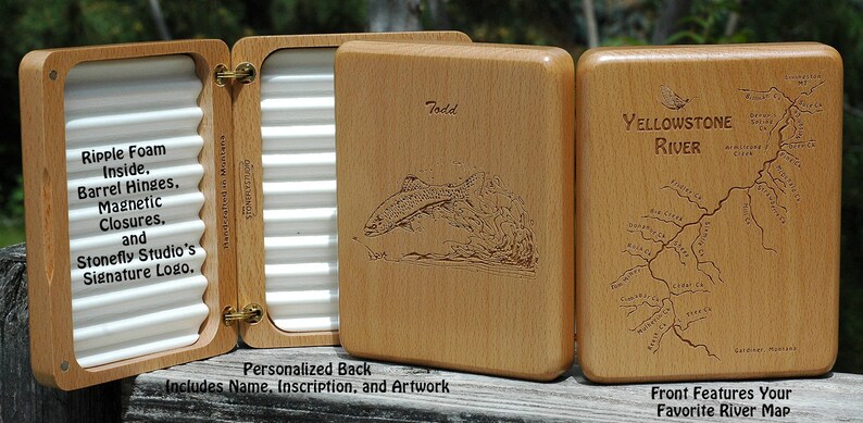 HANDCRAFTED FLY FISHING Box Personalized. Includes an Original Pre-Designed River Map, Name, Inscription,Art. Custom Laser Engraved Gift usa Beech Wood