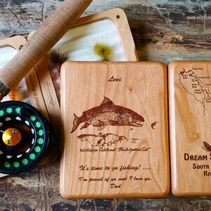 Kinnickinnic River Map Fly Box Handcrafted, Custom Designed, Laser Engraved. Includes Name, Inscription, Artwork. Fly Fishing Wisconsin. Cherry Wood