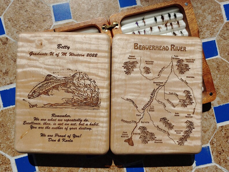 PERSONALIZED FLY BOX Fishing Gift. Choose Your River, Art, Name, Inscription. Over 500 River Map Choices. Handcrafted, Custom Laser Engraved Curly Maple Wood