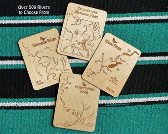 RIVER MAP COASTERS Set of 4. 4.25 X 5.5 Personalized Handcrafted Gift. Custom Laser Engraved Birch Wood. 500+ Maps. Fishing Boating Hiking