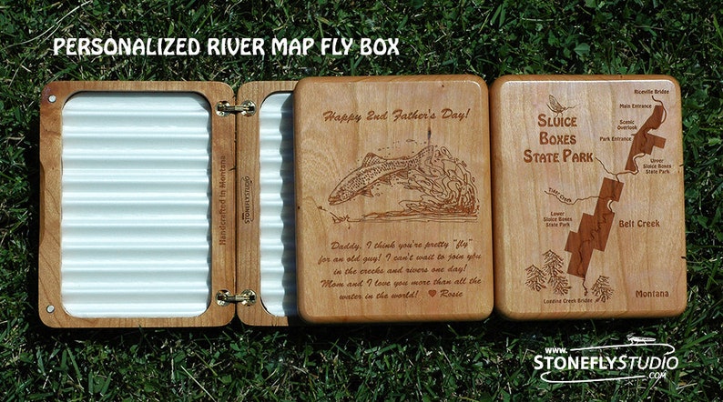 HANDCRAFTED FLY FISHING Box Personalized. Includes an Original Pre-Designed River Map, Name, Inscription,Art. Custom Laser Engraved Gift usa Cherry Wood