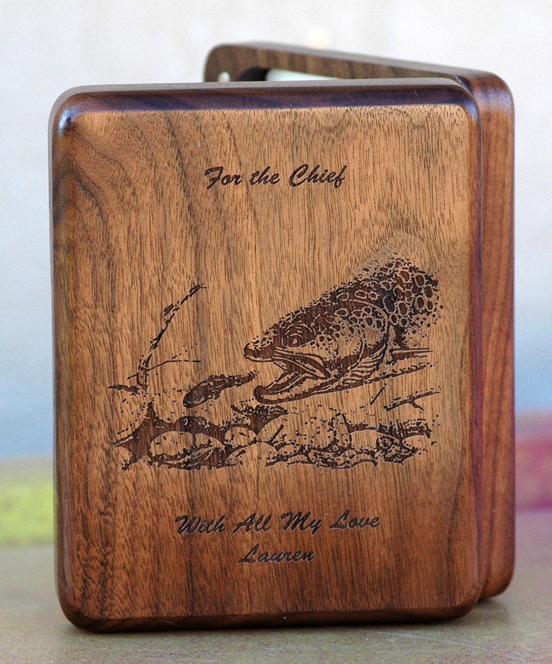 BOARDMAN RIVER MAP Fly Fishing Box Custom Engraved and Personalized With Name, Inscription, and Choice of Artwork. Fly Fishing Michigan. Walnut Wood