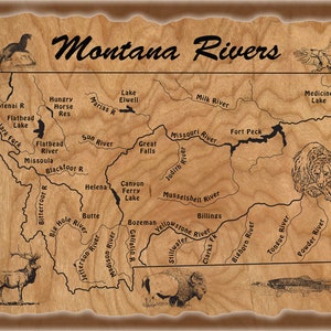 May include: A wooden map of Montana with the names of rivers and lakes labeled. The map is surrounded by a brown frame and features illustrations of animals native to Montana, including an elk, a bear, a bison, and a fish.