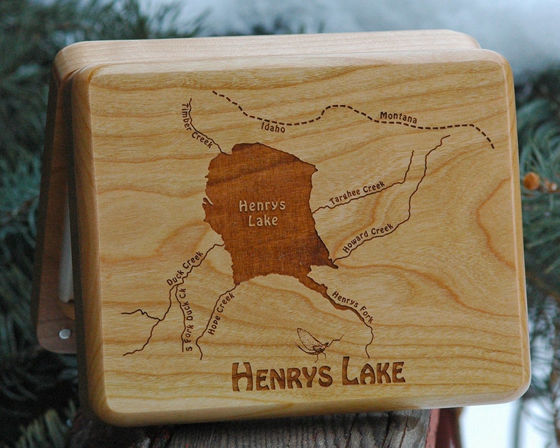 River Map Fly Box HENRYS LAKE Handcrafted, Custom Designed, Laser Engraved. Includes Name, Inscription, Artwork. Fly Fishing Idaho. image 1