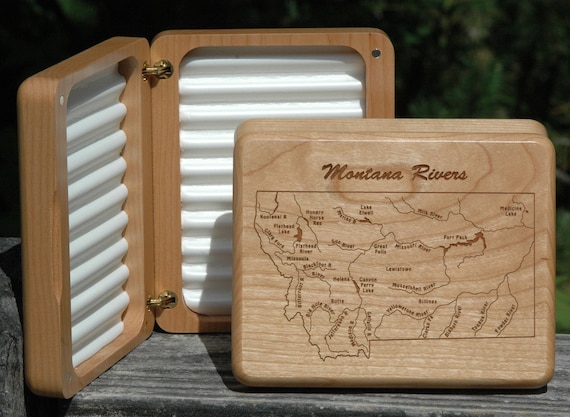 MONTANA RIVERS Map Fly Box personalized, Handcrafted Fly Fishing Gift,  Custom Designed, Laser Engraved. Includes Name,inscription, Artwork 