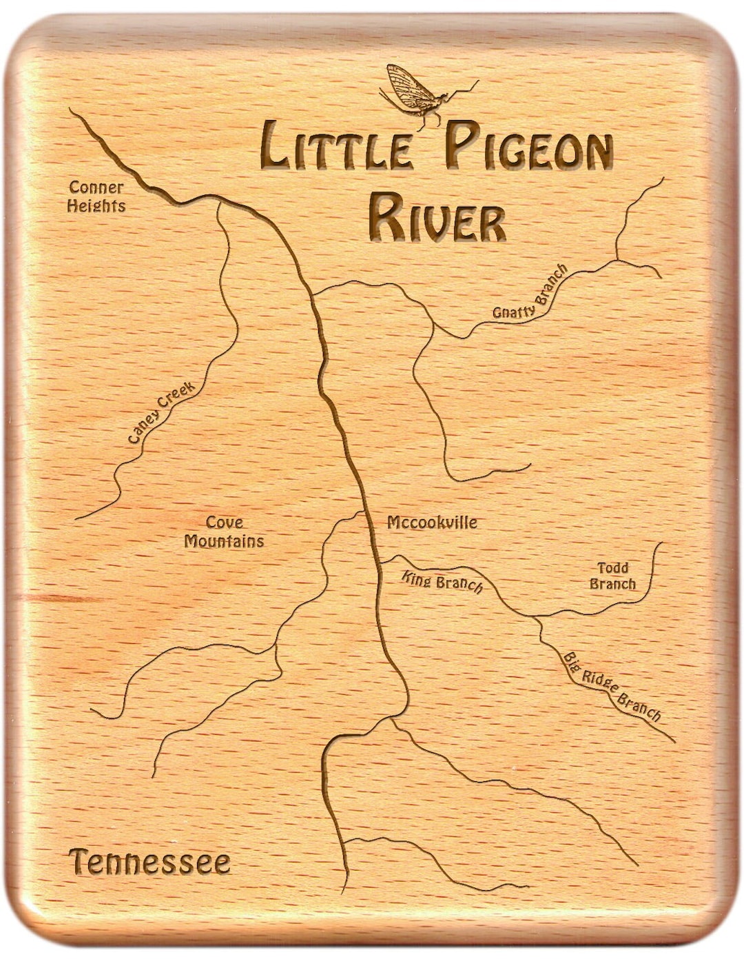 Little PIGEON RIVER Lakes Map Fly Box. Personalized, Custom Laser