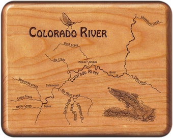 COLORADO RIVER - Burns Map Fly Box. Personalized, Custom Laser Engraved Handcrafted Gift. Includes Name, Inscription, Art. Fishing CO