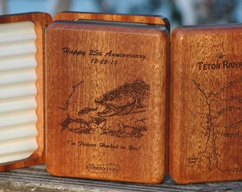 Fly Box PERSONALIZED ANNIVERSARY GIFT - Includes Pre-designed River Map, Name, Inscription, Fly Fishing Art. Handcrafted, Custom Engraved.