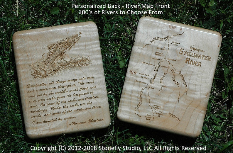 GREENBRIER RIVER Map Fly Fishing Box Handcrafted, Custom Designed, Laser Engraved. Includes Name, Inscription, Artwork. Greenbrier Trail WV Curly Maple Wood