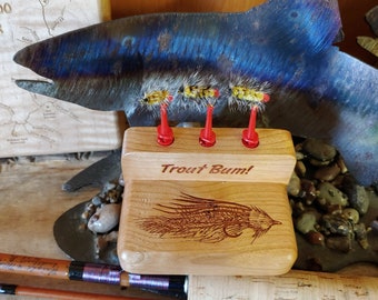 Fly Fishing FLIES DISLPLAY 3 Clip Holder Stand. Handcrafted, Cherry Wood, Laser Engraved Gift. Streamer Fly Art. Trout Bum.  usa