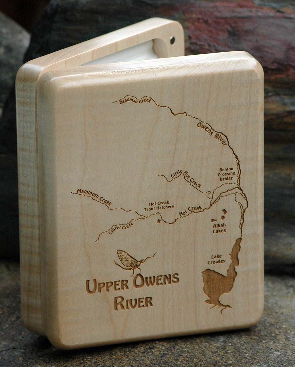 UPPER OWENS River Map Fly Box - Handcrafted, Custom Designed, Laser Engraved. Includes Name, Inscription, Artwork. Fly Fishing California.