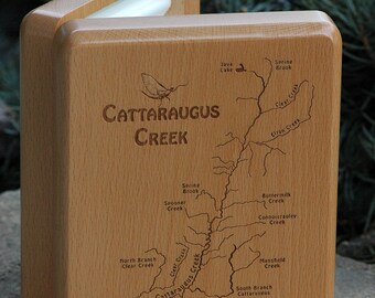 Fly Box - CATTARAUGUS CREEK - Handcrafted, Custom Designed, Laser Engraved.  Includes Name, Inscription, Artwork.  Fly Fishing New York.