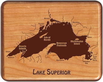 LAKE SUPERIOR River Map Fly Box. Personalized, Handcrafted, Laser Engraved Gift. Includes Name, Inscription, Art. Fly Fishing Great Lakes