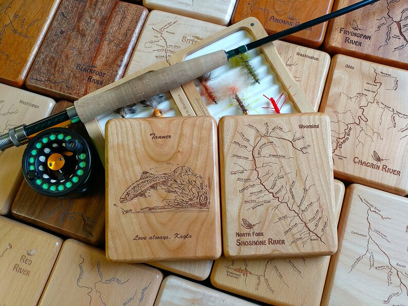 PERSONALIZED FLY BOX Fishing Gift. Choose Your River, Art, Name, Inscription. Over 500 River Map Choices. Handcrafted, Custom Laser Engraved image 5