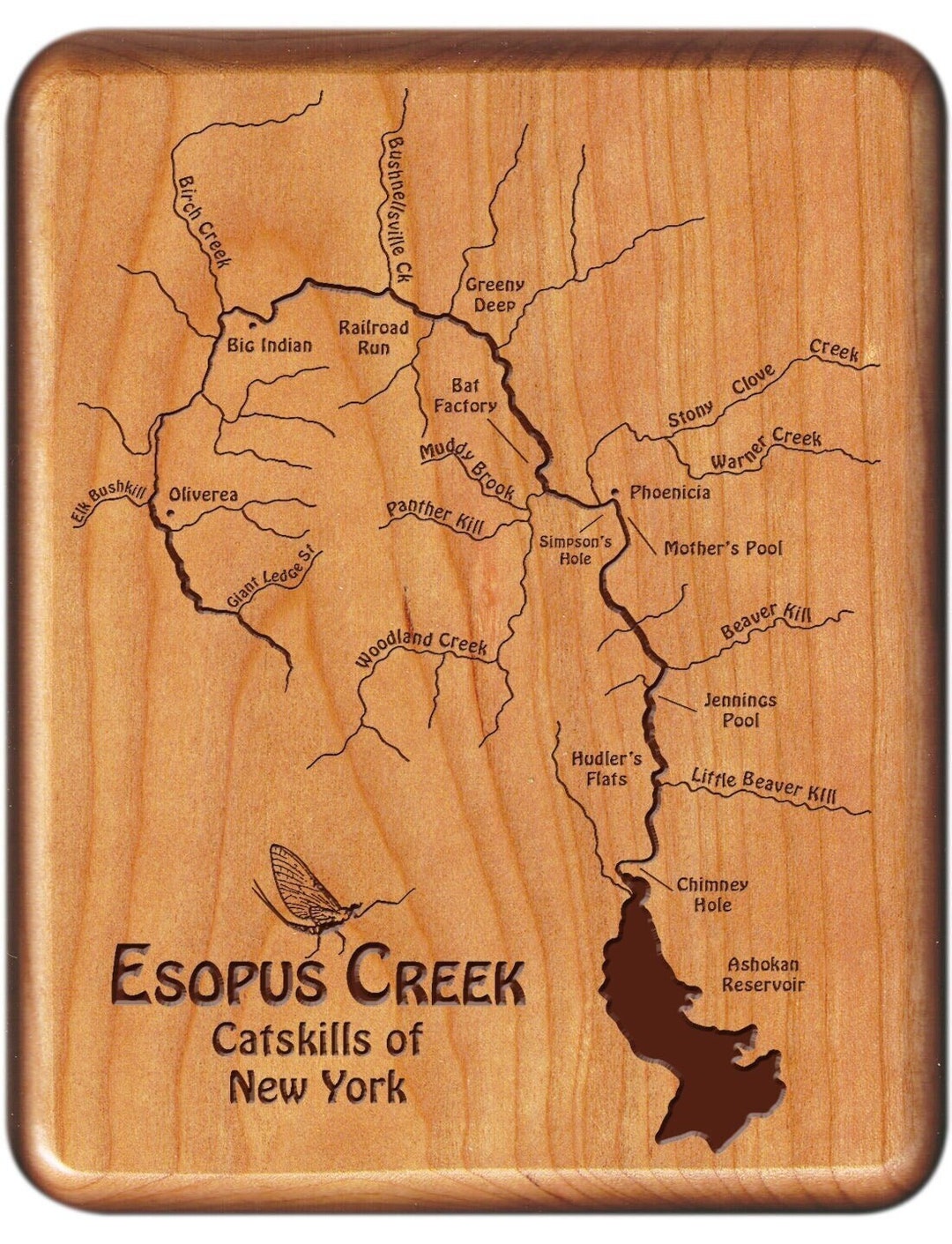 ESOPUS CREEK River Map Fly Box. Personalized Gift. Handcrafted. Custom Laser Engraved. Includes