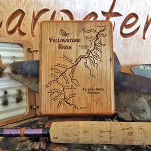 Upper YELLOWSTONE RIVER MAP Fly Box. Personalized Custom Laser Engraved Gift. Includes Name, Inscription, Artwork. Fly Fishing Montana. Wood