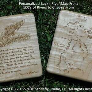 HANDCRAFTED FLY FISHING Box Personalized. Includes an Original Pre-Designed River Map, Name, Inscription,Art. Custom Laser Engraved Gift usa Curly Maple Wood