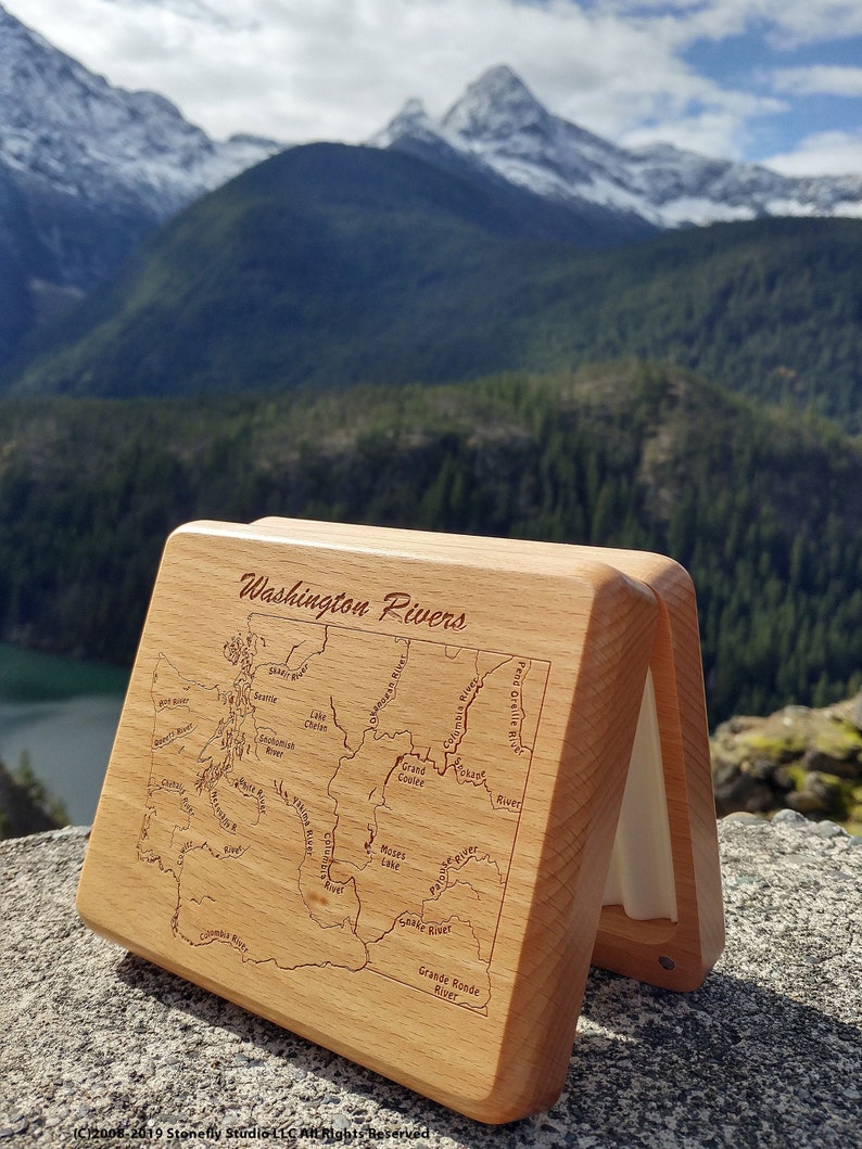 WASHINGTON RIVERS Map Fly Box Personalized, Handcrafted, Laser Engraved, Custom Gift. Includes Name, Inscription, Art. Fly Fishing WA image 1