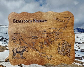 BEARTOOTH HIGHWAY Map Wall Art. 18x22". Personalized, Handcrafted, Baltic Birch Wood, Custom Lodge, Cabin, Office Décor Mantle Sign. MT