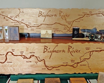 BIG HORN River Map Wall Art. 1x5' Personalized, Handcrafted, Baltic Birch Wood, Custom Home, Lodge, Cabin, Office Décor Mantle Sign. MT