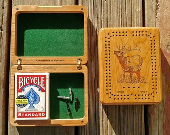 Wildlife CRIBBAGE BOX. Personalized with Cribbage Board Art (Front). Name & Inscription (Back). Custom Engraved. Travel Size. Cherry Wood