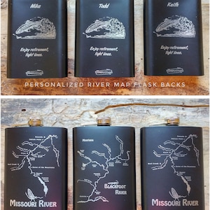 May include: Black flasks with silver tops, engraved with names and fishing-themed designs. The flasks feature the text "Enjoy retirement, tight lines." and "Personalized River Map Flask Backs." The fronts display river maps.