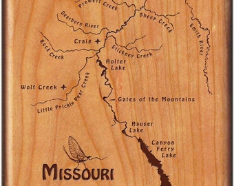 Missouri River Map Fly Box - Handcrafted, Custom Designed, Laser Engraved. Personalized with Name, Inscription, Artwork. Fly Fishing MT.